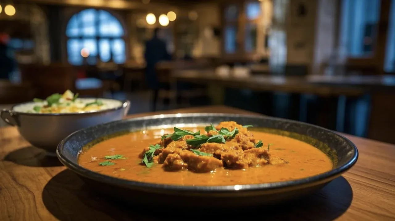 A bowl of curry garnished with herbs