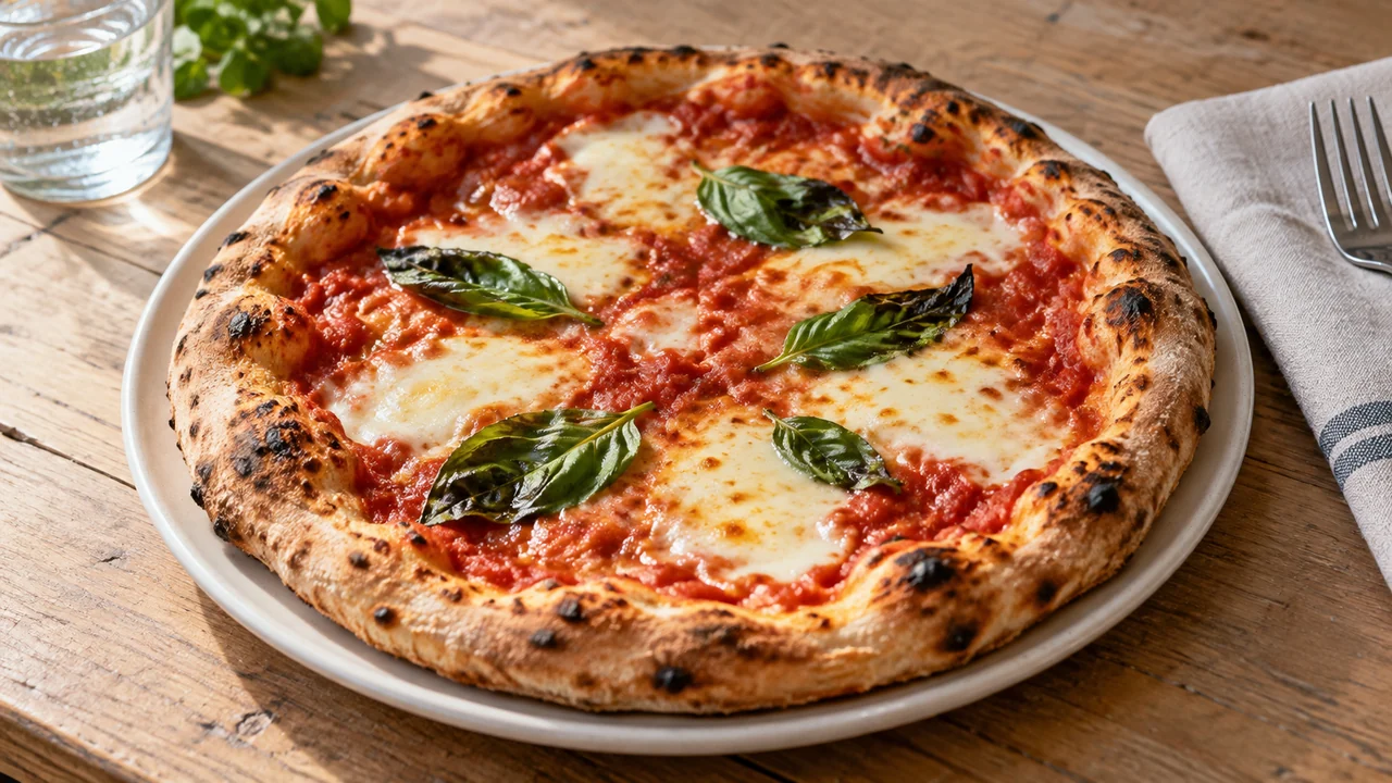 Illustrative image of margherita pizza with tomato, mozzarella and basil