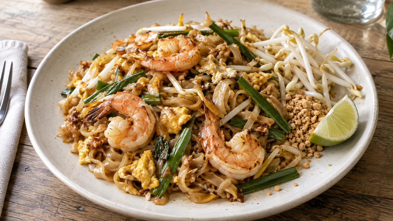 Illustrative image of prawn pad thai with bean sprouts, peanuts and lime